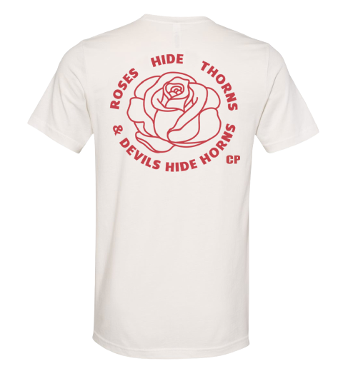 Roses hide thorns and devils hide horns flower vintage white tee back Carly Pearce